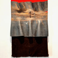 2021 inner tube, fabric, on wood 25 x 16 x 3 inches